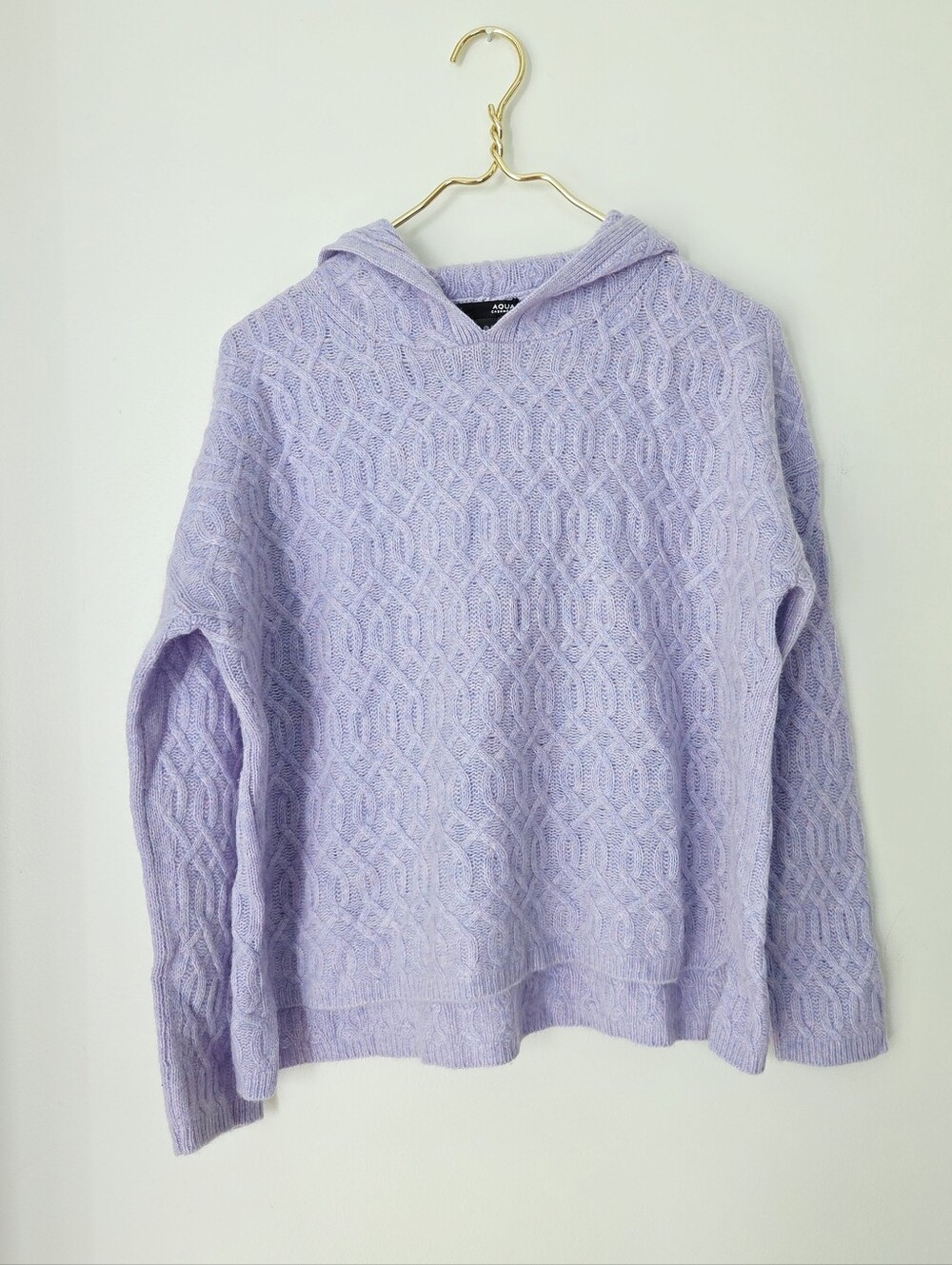 Aqua Cashmere lavender hooded cable-knit sweater textured diamond Medium